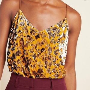 ANTHROPOLOGIE RO+DE ESTHER GOLD FLIP SEQUIN VELVET ANIMAL CAMI TANK